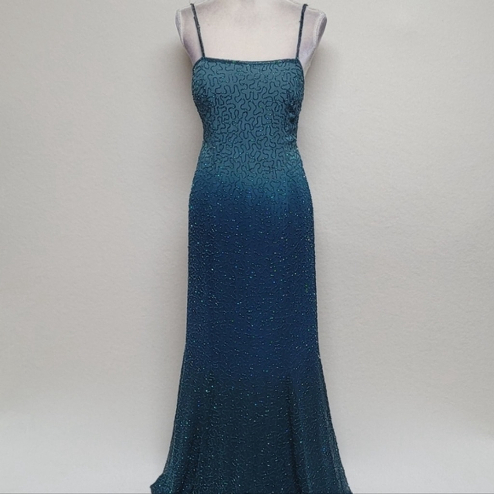 Laurence Kazar 90s Vintage Teal Ombre Beaded Silk Backless Maxi Formal Dress 8 - Picture 2 of 12